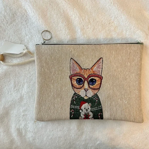 NWT Pearls & Textiles Double Sided Cat with Glasses Cosmetics Bag - Picture 1 of 2